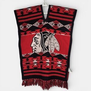NHL Chicago Blackhawks Forever Collectibles Team Poncho Red Black Knit Fringe